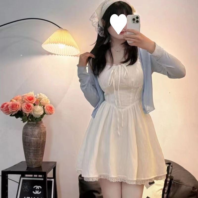 Plus Size Mm Sweet Sling Dress Slimming Cardigan Two-Piece Set A- Shape Lace Stitching Waist Small Fresh Suit - Image 3